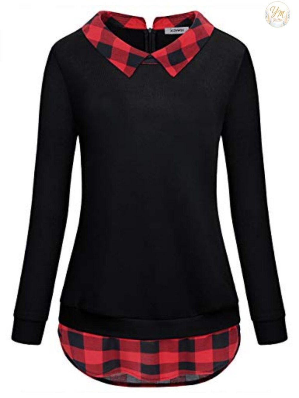 Women's Long Sleeve Tunic Sweatshirt with Kangaroo Pocket, Plaid Spliced Knit,